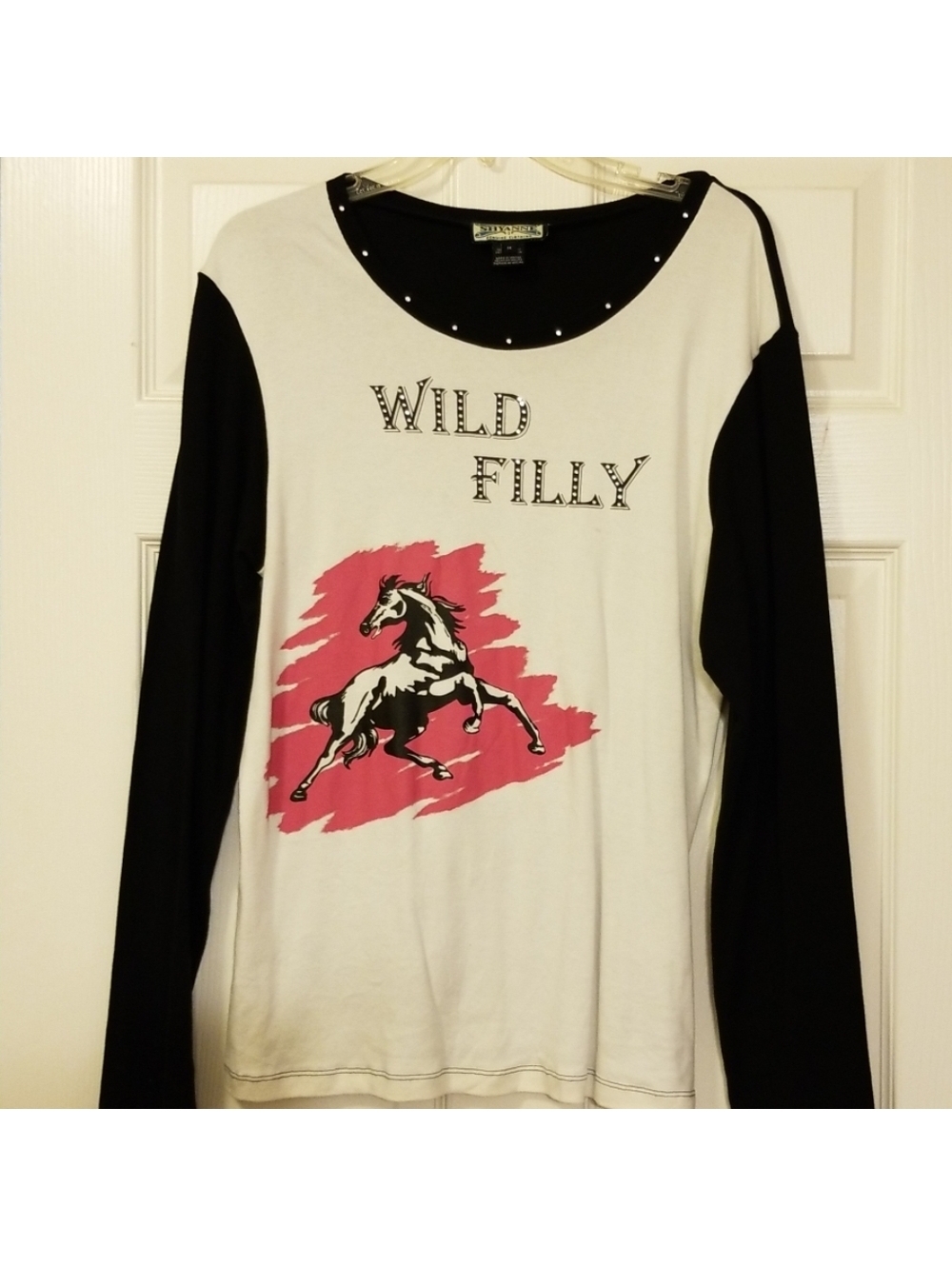 Shayanne Women's Long Sleeve T-Shirt Black and White with Rhinestone Embellished